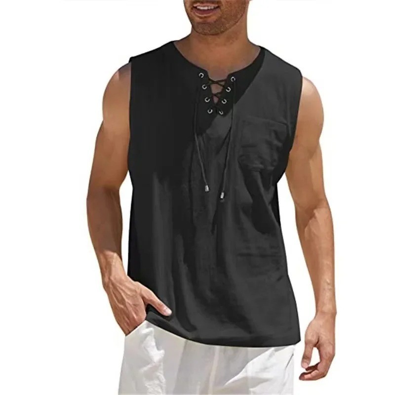 Men's Cotton Linen Sleeveless Lace Up Shirt Casual Retro V Neck Loose Tank Top V gallery