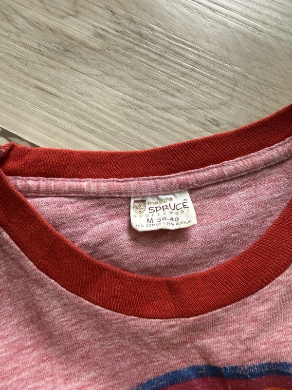 Vintage 60s “Maranatha” Jesus Rainbow Flowers Mayo Spruce Ringer Pink Tee Small gallery