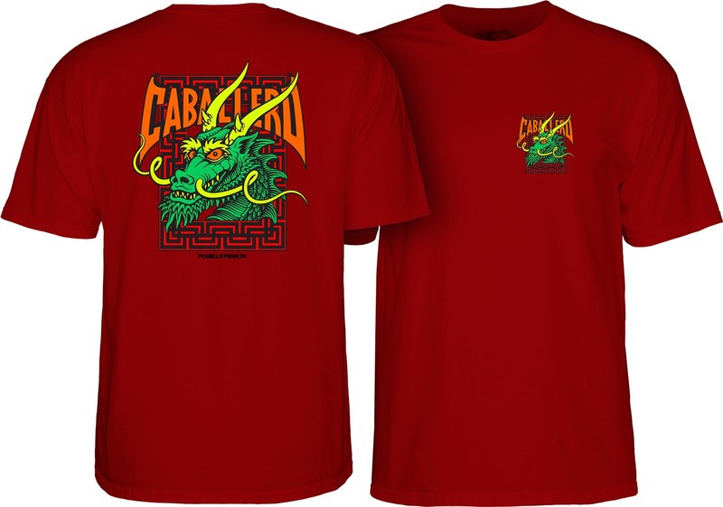 Powell Peralta Steve Caballero GREEN DRAGON AND BATS Skateboard T Shirt GARNET
