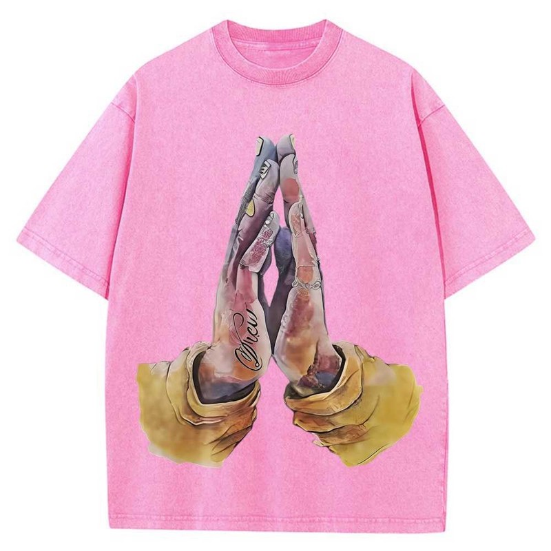 100% Cotton Oversized T-Shirt Tattoo Praying Hands Vintage Streetwear Unisex Tee gallery