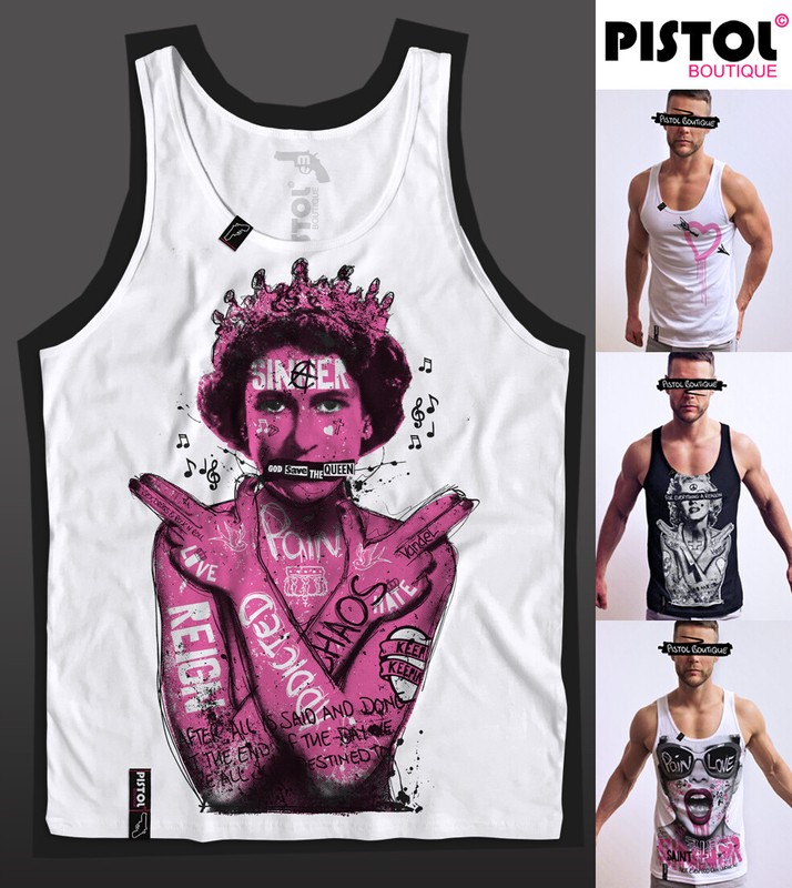 Pistol Boutique men’s White GRAFFITI TATTOOS QUEEN GUN FINGERS Singlet Vest Tank