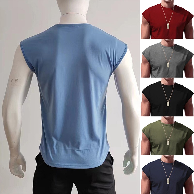 Mens Workout Tank Top Sleeveless Round Neck Gym Bodybuilding Cut Off T Shirts gallery