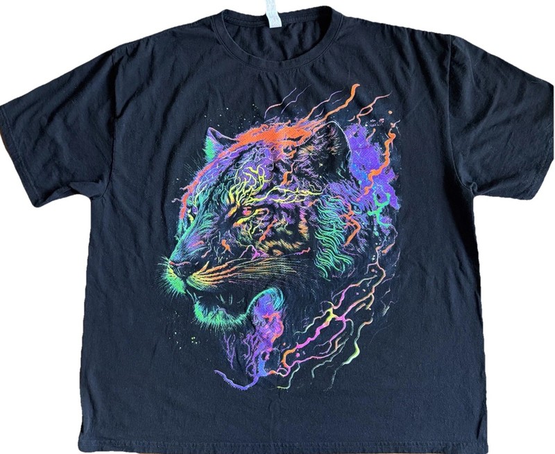 Tiger Psychedelic Neon Sparkle Glow Art To Wear Colorful TShirt XXL