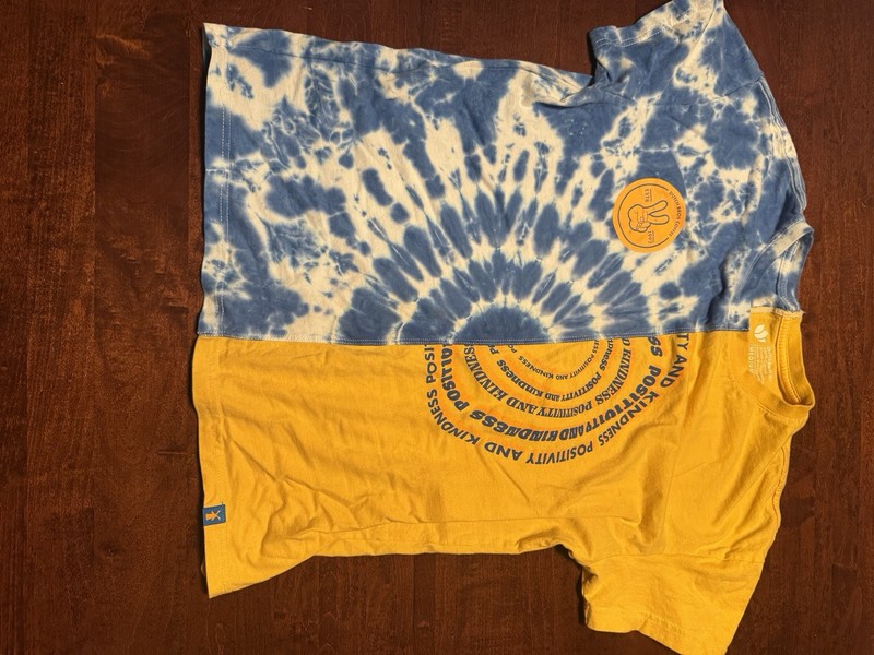 Postivity and Kindness Men’s M Blue Yellow Tie-Dye Graphic Logo Crew Tee