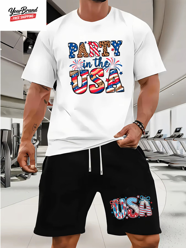 Fashion American Flag Graphic Print T-Shirt Shorts 2-Piece Set Casual Men'S USA gallery