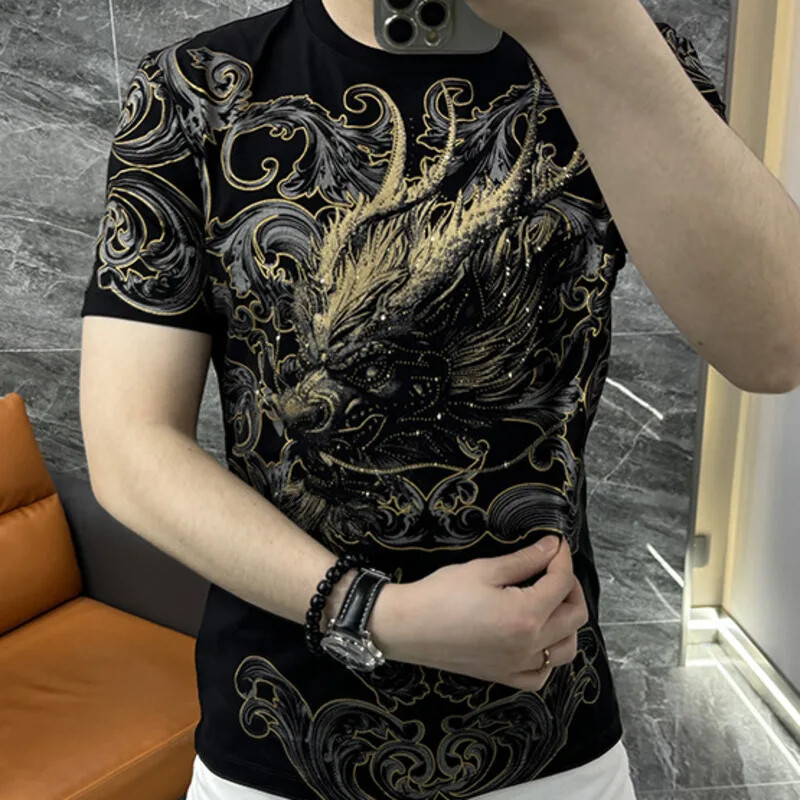 New Men Luxury Dragon Trend Rhinestones Diamonds Fashion Summer Black T-Shirt gallery