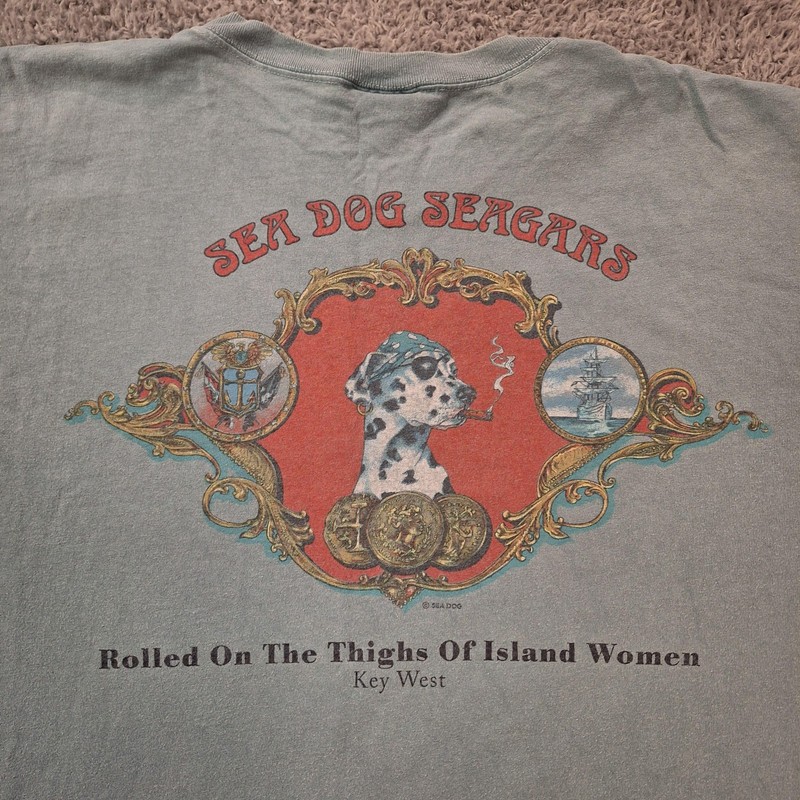 Sea Dog Sportswear Shirt Mens XL FITS 3X Green Pirate Dog Cigars Key West FLAW