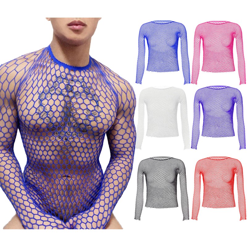 Mens Mesh Fishnet Top Long Sleeve T-Shirt Muscle Tee Workout See Thru Undershirt