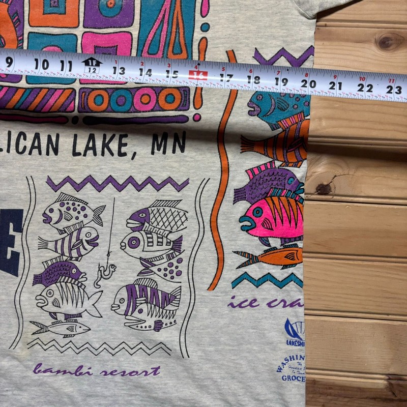Vintage 90s USA Body Building Stock Pelican Lake Test Print AOP Shirt Size Large gallery