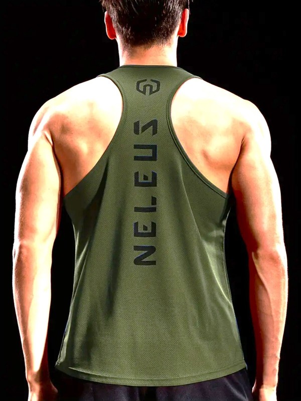NELEUS ‘Dry Fit Logo Muscle’ Mesh Tank Top Mens L Gym Workout Exercise Olive NEW