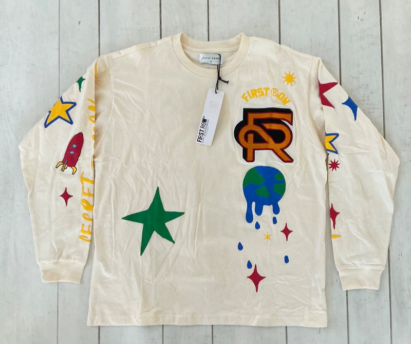 First Row Out Of This World Puff Print Chenille L/S Graphic Shirt XL Cream