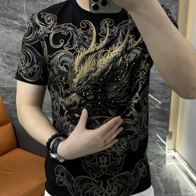 New Men Luxury Dragon Trend Rhinestones Diamonds Fashion Summer Black T-Shirt gallery