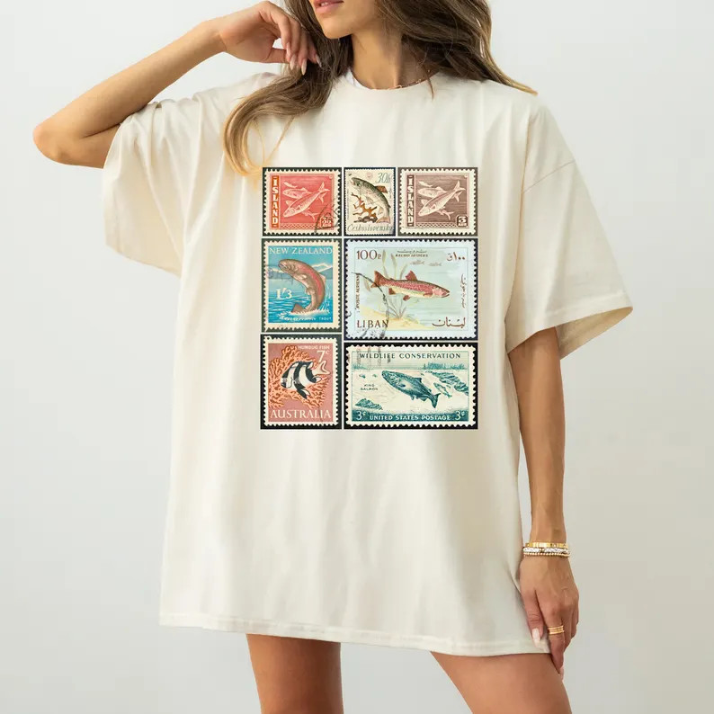 Vintage Stamp Fish Comfort Tee Retro Style Ocean Animal gallery
