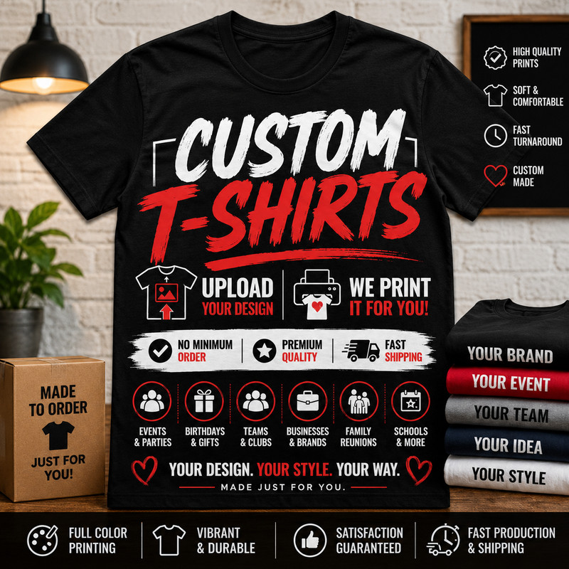 Big & Tall 2 sided Custom 7XL 1 Custom Black Tee Shirt Print on Front & Back