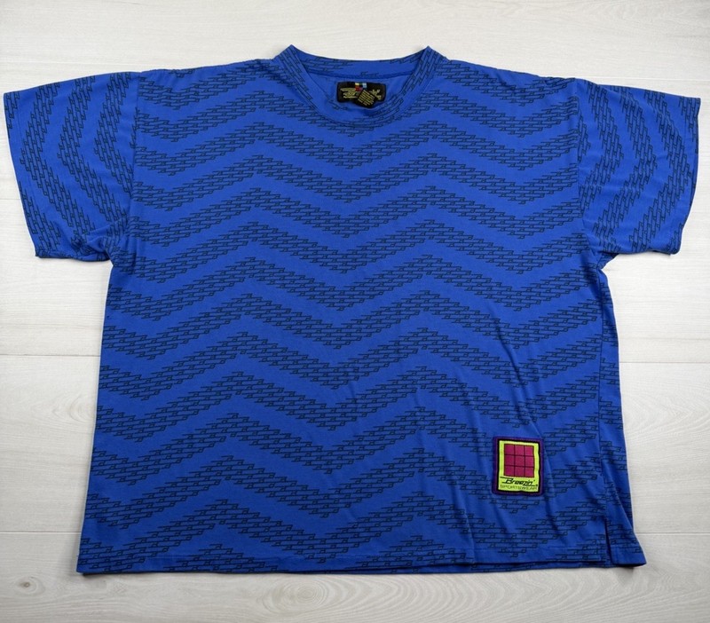 Vtg Breezin Sportswear T-Shirt Blue Single Stitch Geometric Boxy 80s 90s Large