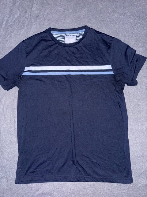Denim & Flower Ricky Singh Men’s T‑Shirt Size Medium Navy Blue Striped Crewneck