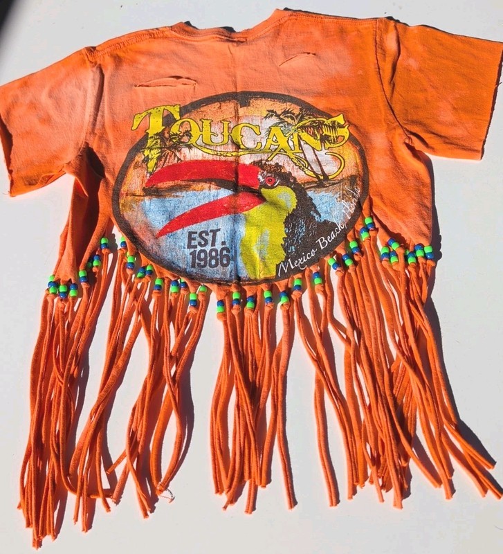 Fringe Tee Women Boho One Of A Kin Hippie VTG Festival T Shirt Custom Handmad