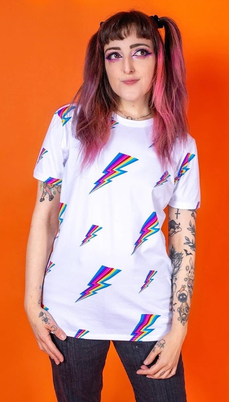 RUN AND FLY Rainbow Lightning Bolt Print T Shirt Retro Unisex XS-XXL White gallery