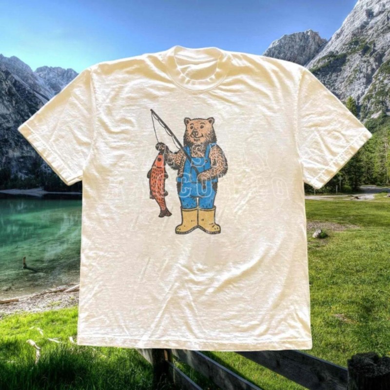 Retro Vintage Fishing Bear Print Short Sleeve Unisex Tee S-5XL