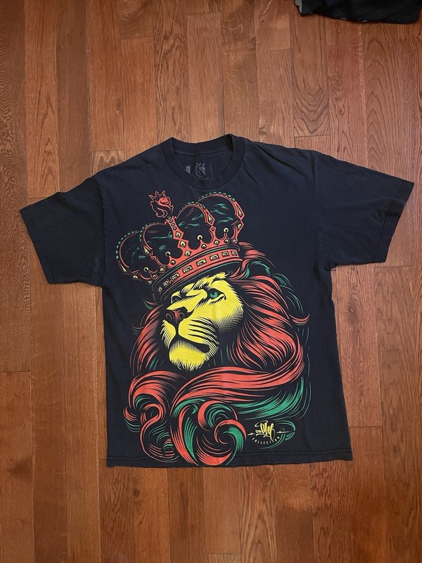 OG Abel Graphic T Shirt L Lion Rasta Crown Black Crew Neck Double Sided #8420