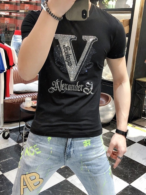 Fashion Diamonds Trend Rhinestone Summer Cotton Short Sleeve Luxury Men T-Shirt