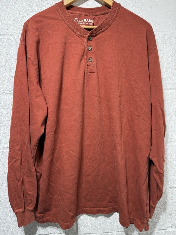 Eddie Bauer Shirt Mens XL Tall Long Sleeve Henley Crew Neck Buttons Rust Color