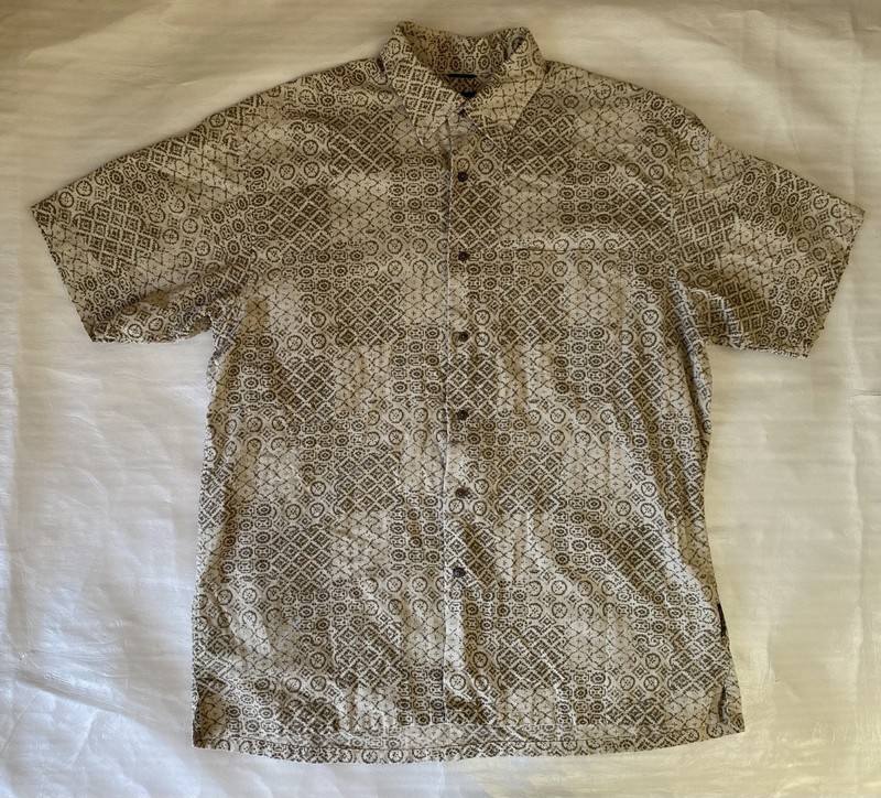 Nautica Printed Short Sleeve Button Down Shirt Men’s L Beige Collared Pockets