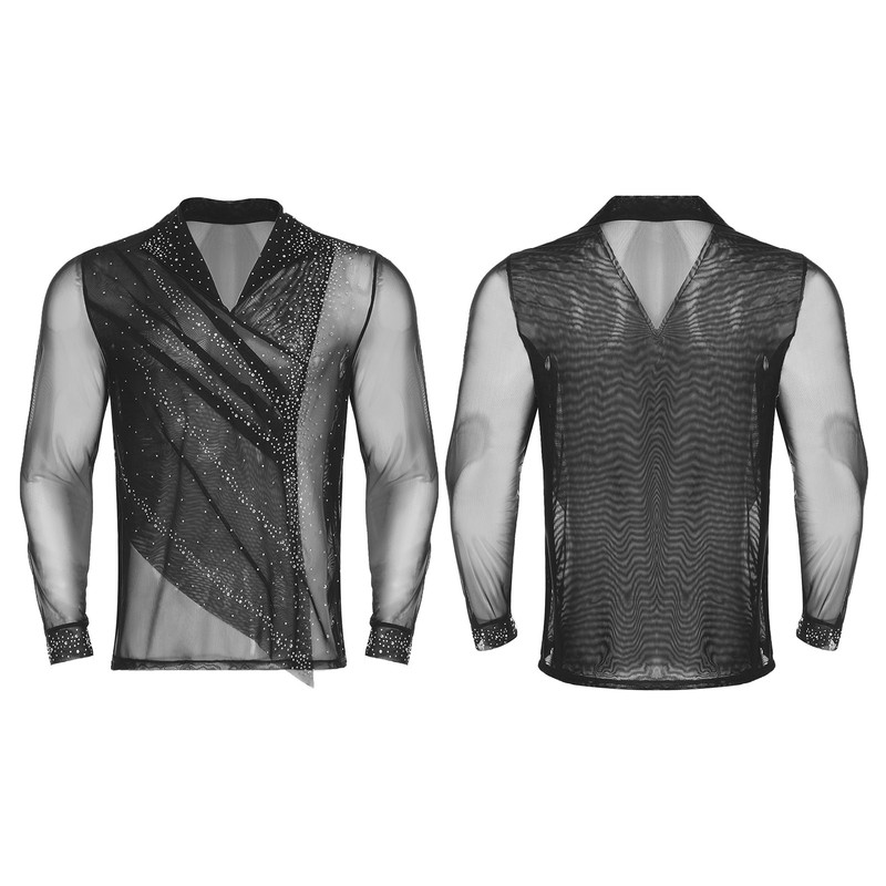 US Mens Pullover Long Sleeve Tops Dancewear Shirt Ballet Sheer Lapel Mesh Dance