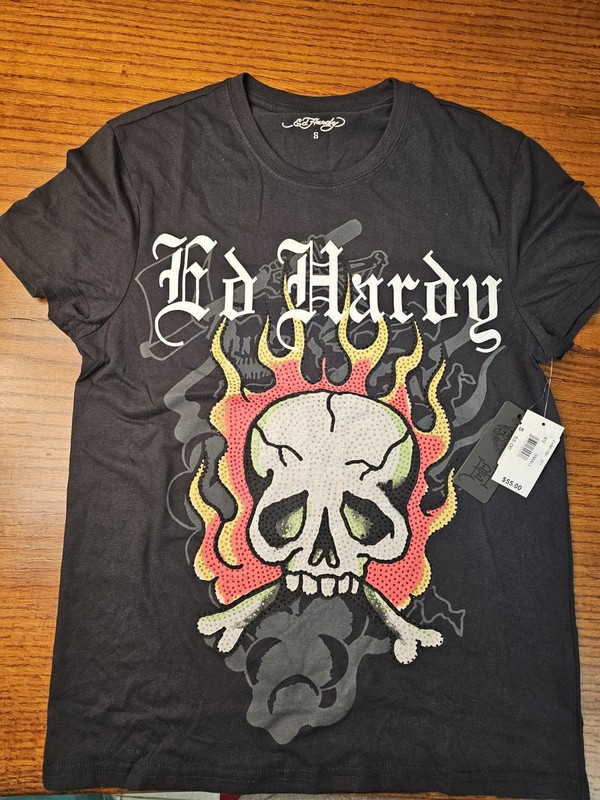 Ed Hardy Skull Graphic Print Rhinestone Crew Neck Tee Mens Black S EHM1100