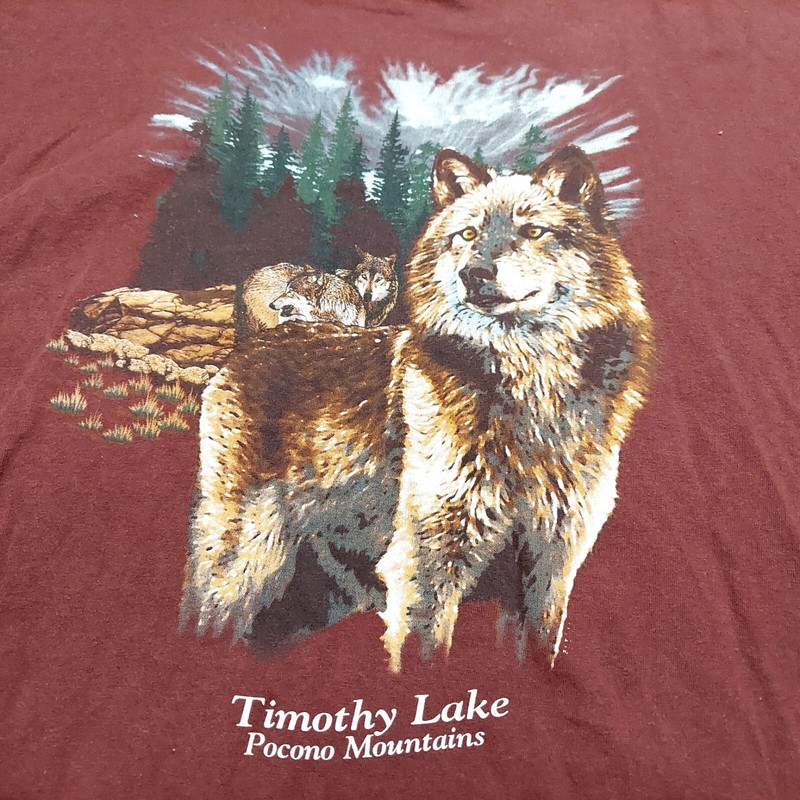 Vintage 90s Wolf Timothy Lake Poconos Graphic T Shirt Mens XXL Orange Alore USA gallery