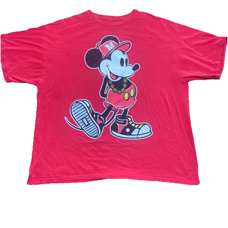 Vintage Mickey Mouse Gold Chain Hip Hop Rap Disney Red Graphic T-Shirt Size 2XL