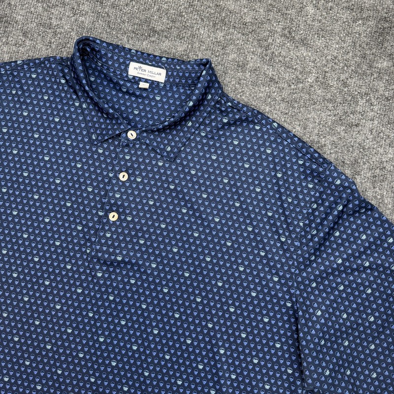 Peter Millar Summer Comfort Polo Shirt Men's XL Navy Blue Skull Print Golf gallery