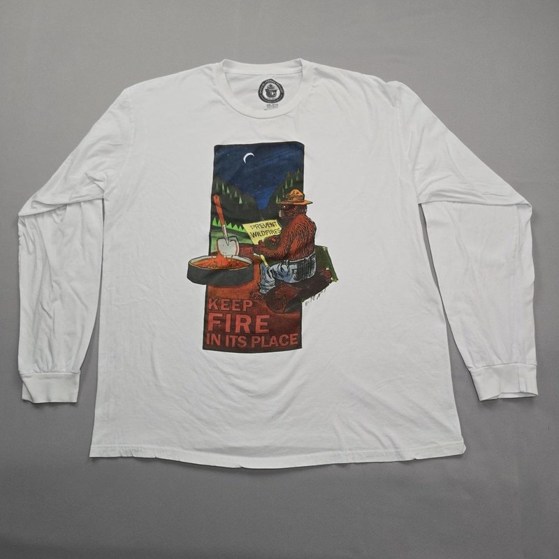 Smokey Bear Shirt Mens 2XL White Long Sleeve Keep Fire In Its Place Graphic Tee