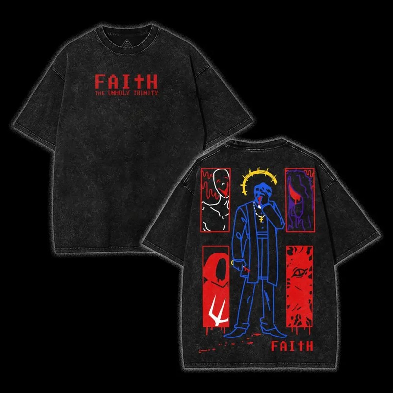 FAITH The Unholy Trinity Horror Game Vintage Washed Tee Unisex Heavyweight Cotto