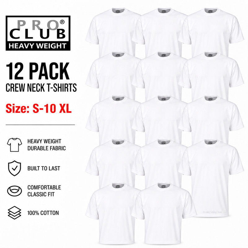 12 PACK PROCLUB PRO CLUB MENS HEAVYWEIGHT WHITE SHORT SLEEVE T SHIRTS COTTON TEE gallery