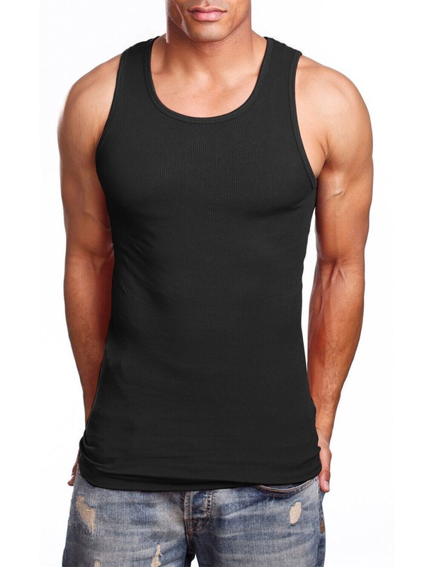 3 Men's A-Shirt Wife Beater Tank Top Undershirt BLACK Egyptian Cotton SMALL-2X gallery