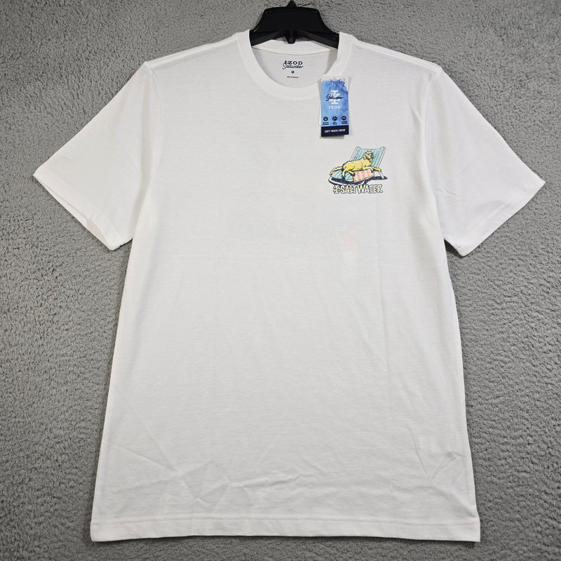 Izod Saltwater Shirt Mens Medium M White Dog Stretch Beach Distressed Light NWT