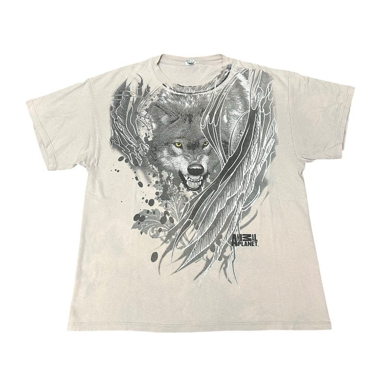 Vintage Y2K Tribal Animal Planet Wolf T-shirt Sz L Cyber Tattoo Worn Distressed