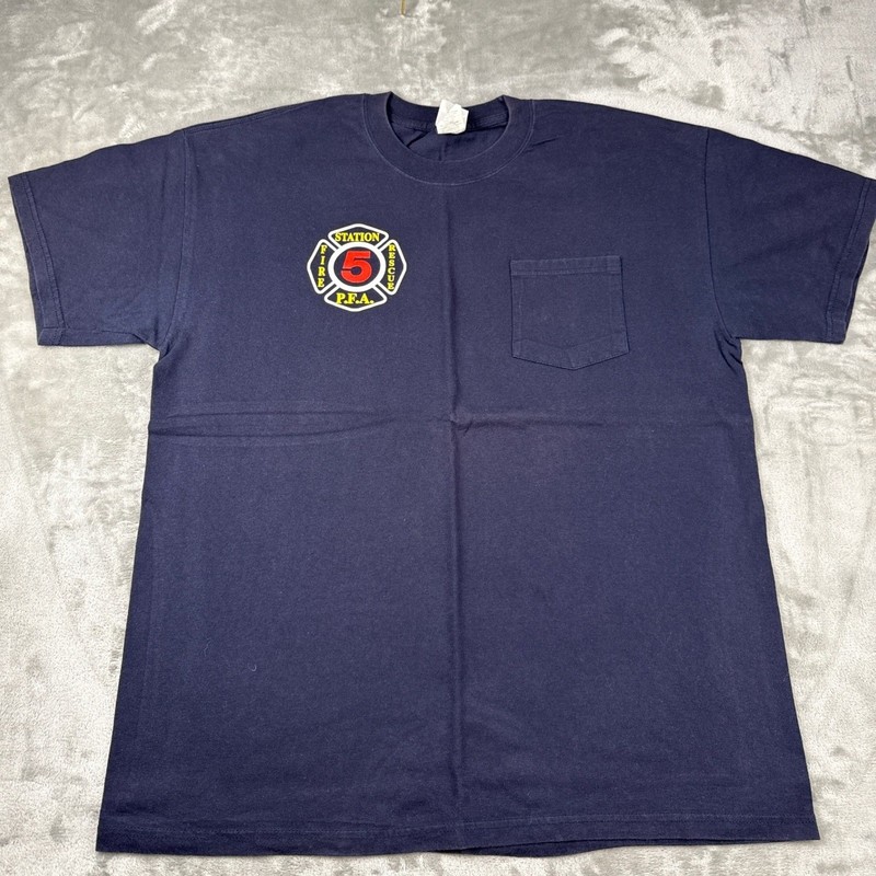 Collectible Hanes Beefy-T Mens XL Navy Blue Fire Rescue Pocket Graphic T-Shirt