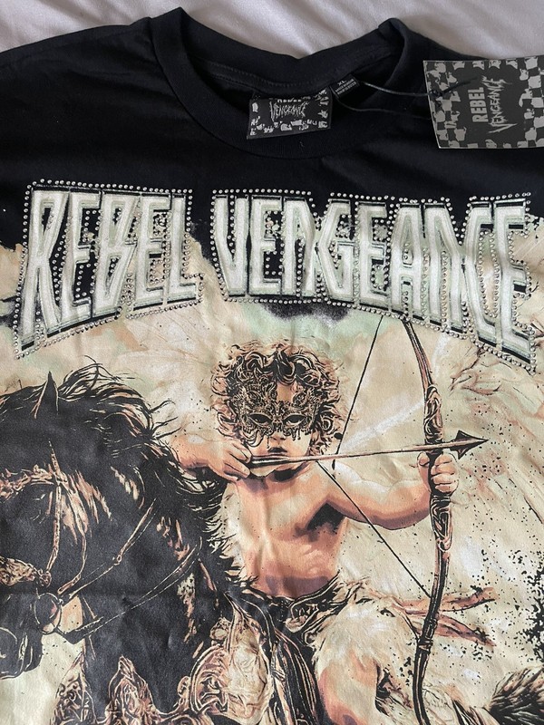 NWT Rebel Vengeance Cherub on Horseback Black Men’s T Shirt Sz XL Embroidered gallery