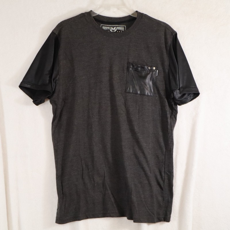MOST OFCL SEVEN Men’s T‑Shirt Gray Faux Leather Short Sleeves Grunge Bike–Size L