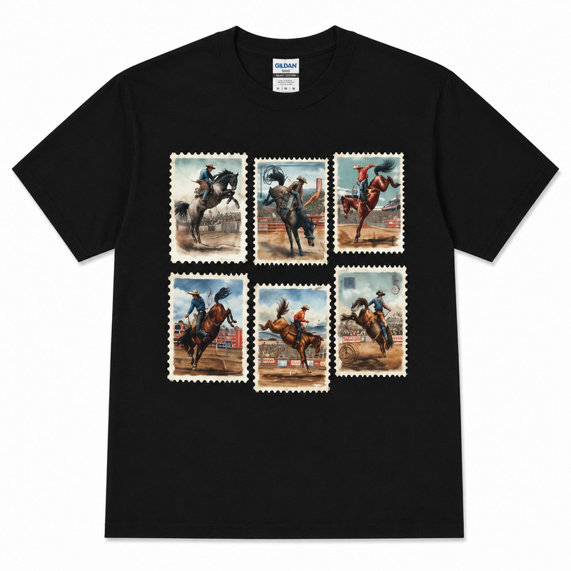 Vintage Western Cowboy Trendy Bucking Horse Stamps Graphic Cotton Unisex Tee