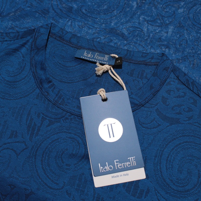 Italo Ferretti NWT Short Sleeve T-Shirt Size L in Blue Whimsical Pattern Cotton