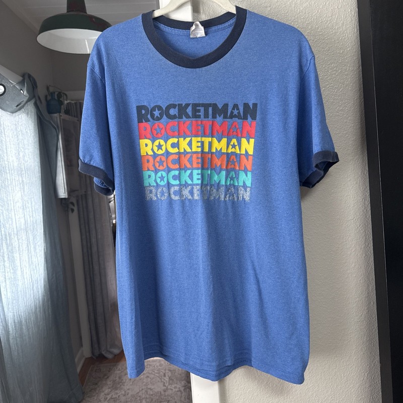 Mens L Rocketman Ringer Tshirt 2019 Global Theatre Tour Elton John Movie Blue