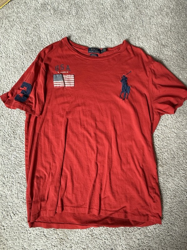 Vintage Polo Ralph Lauren Red Big Pony USA Flag Patch #3 Sleeve T-Shirt Size XL