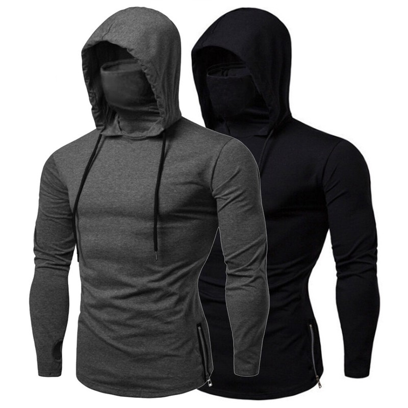 Mens Long Sleeve Hooded T-shirt Fitness Gym High Neck Stretch Shirt Hoodie gallery