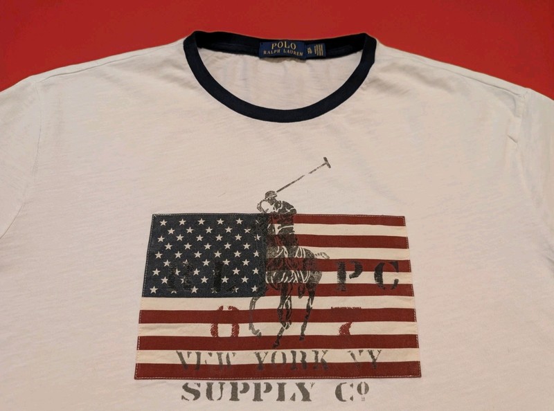 POLO RALPH LAUREN NY SPELLOUT USA FLAG PATCH LOGO WHITE RINGER T-SHIRT XL TEE gallery