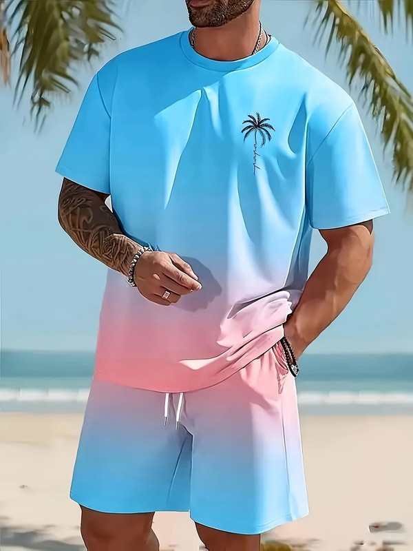 Two-piece men’s casual sportswear set with a Hawaiian-inspired gradient design