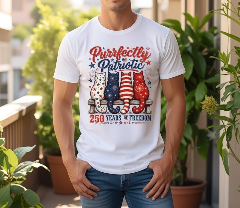 Purrfectly Patriotic Cat Shirt, America 250 Cat Lover Freedom Tee, 250 Years