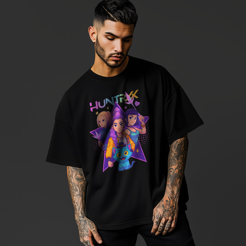 HUNTRX Anime Graphic T-Shirt – Cute KPOP Inspired Cartoon Girls & Cat Tee A275 gallery